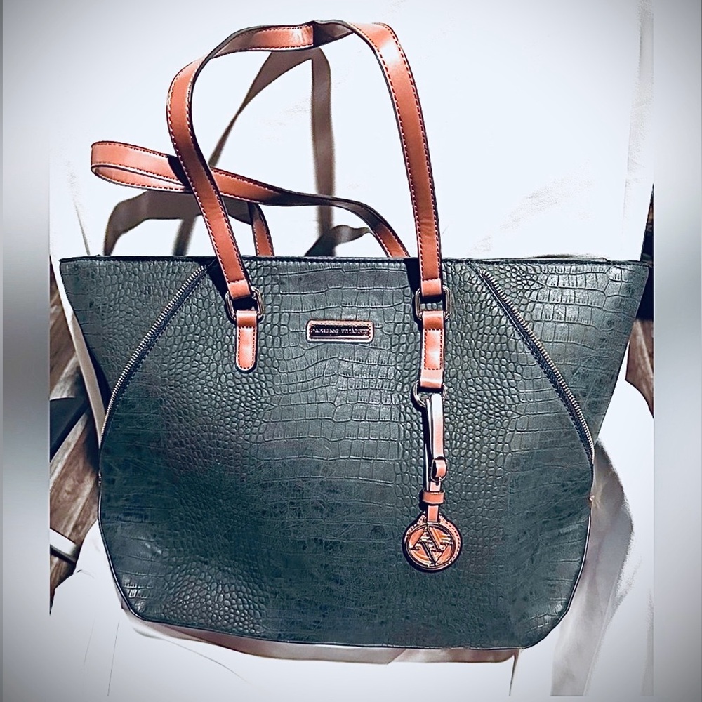 Adrienne Vittadini Leather Crocodile Embossed Tote Comvertible Laptop Carrier